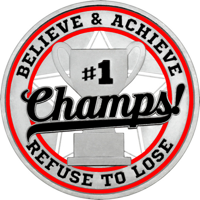 Black "Champs!" with Red Outer Circular Borders